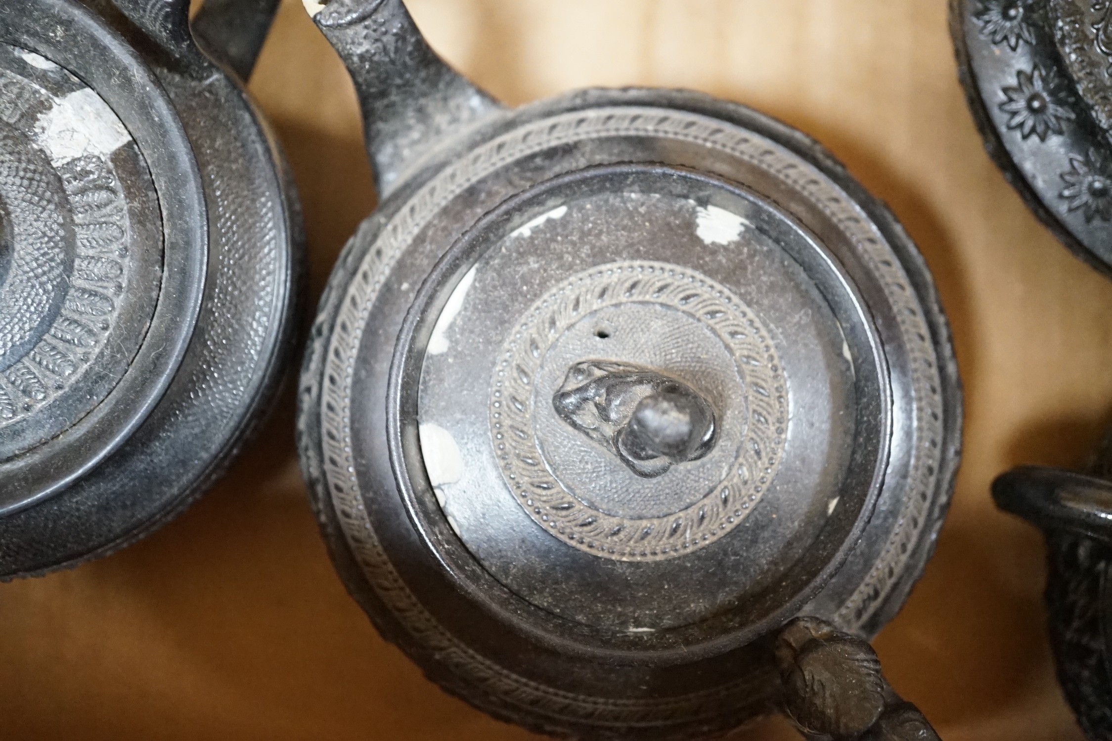 A selection of Jackfield type black glazed teapots, 19th century